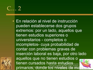C… 2 En relación al nivel de instrucción pueden establecerse dos grupos extremos: por un lado, aquellos que tienen estudios superiores o universitarios - completos o incompletos- cuya probabilidad de contar con problemas graves de inserción laboral es baja, por otro lado aquellos que no tienen estudios o tienen cursados hasta estudios primarios, donde los niveles de mala inserción rondan el 50%. 
