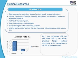 Human Resources


• Rigorous selection procedure: Series of written tests & personal interviews.
• Upfront compulsory “Employee Screening, Background and Reference Check from
  Previous Employer(s)".
• Half Yearly Appraisal System.
• Short Escalation Path for Employees.
• Predefined Rigorous Annual Training Calendar.
• Widespread Recruiting Sources: Campus Placement, HR consultants and job portals
  etc.



             Attrition Rate (%)                      Very Low employee attrition
                                                     rate (less than 5% last fiscal)
35                                                   promises     longer    business
30                                                   continuity as in comparison to
25
20        30                        Attrition Rate
                                                     25-30% in Southern India.
15
10
 5                   4.8
 0
     IT Industry    PSI


                                                                                 PSI Proprietary & Confidential
 