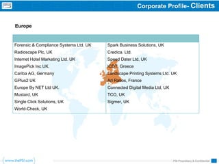 Corporate Profile- Clients


Europe


Forensic & Compliance Systems Ltd. UK   Spark Business Solutions, UK
Radioscape Plc, UK                      Credica. Ltd.
Internet Hotel Marketing Ltd. UK        Speed Dater Ltd, UK
ImagePick Inc UK.                       ICDT, Greece
Cariba AG, Germany                      Landscape Printing Systems Ltd. UK
GPlus2 UK                               Ad Ratios, France
Europe By NET Ltd UK.                   Connected Digital Media Ltd, UK
Mustard, UK                             TCO, UK
Single Click Solutions, UK              Sigmer, UK
World-Check, UK




                                                                          PSI Proprietary & Confidential
 