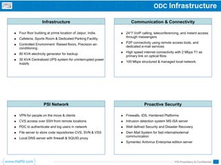 ODC Infrastructure

                Infrastructure                               Communication & Connectivity

Four floor building at prime location of Jaipur, India.   24*7 VoIP calling, teleconferencing, and instant access
                                                          through messengers
Cafeteria, Sports Room & Dedicated Parking Facility.
                                                          P2P connectivity using remote access tools, and
Controlled Environment: Raised floors, Precision air-
                                                          dedicated e-mail services
conditioning .
                                                          High speed internet connectivity with 2 Mbps T1 as
80 KVA electricity generator for backup
                                                          primary link on optical fibre.
30 KVA Centralized UPS system for uninterrupted power
                                                          100 Mbps structured & managed local network.
supply.




                 PSI Network                                          Proactive Security

VPN for people on the move & clients                      Firewalls, IDS, Hardened Platforms
CVS access over SSH from remote locations                 Intrusion detection system MS ISA server
PDC to authenticate and log users in network              Well defined Security and Disaster Recovery
File server to store code repositories CVS, SVN & VSS     Own Mail System for fast internal/external
                                                          communication
Local DNS server with firewall & SQUID proxy
                                                          Symantec Antivirus Enterprise edition server




                                                                                          PSI Proprietary & Confidential
 
