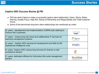 Success Stories

Captive ODC Success Stories @ PSI

     PSI has what it takes to make a successful captive client relationship; Vision, Ethics, Risks-
     Sharing, Quality Focus, High RoI, Sense of Ownership and Responsibility and Total Customer
     Focus.
     Some of the benchmark long term client relationships are mentioned as under:


9+ years – development and implementation of BPM suite catering to
Fortune 500 Customers

7+ years – Outsourcing risk share and collaborative IT services for
licensing management systems

6+ years – Captive ODC services for development and SQA for BI/
Operational Intelligence suite

6+ years- Captive ODC outsourcing services for forensic e-mail
compliance solution

2+ years- dedicated offshore for full product life cycle management
solution




                                                                                     PSI Proprietary & Confidential
 