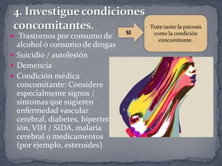 Trate tanto la psicosis
                                  SI    como la condición
 Trastornos por consumo de
                                          concomitante.
  alcohol o consumo de drogas
 Suicidio / autolesión
 Demencia
 Condición médica
  concomitante: Considere
  especialmente signos /
  síntomas que sugieren
  enfermedad vascular
  cerebral, diabetes, hipertens
  ión, VIH / SIDA, malaria
  cerebral o medicamentos
  (por ejemplo, esteroides)
 