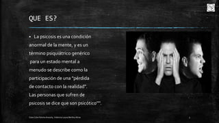 QUE ES?


La psicosis es una condición

anormal de la mente, y es un
término psiquiátrico genérico
para un estado mental a
menudo se describe como la
participación de una "pérdida
de contacto con la realidad".
Las personas que sufren de
psicosis se dice que son psicótico''''.
Cota Cota Fátima Aracely, Valencia Leyva Bertha Alicia

3

 