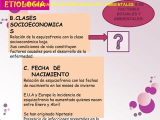 B.CLASES
SOCIOECONOMICA
S
Relación de la esquizofrenia con la clase
socioeconómica baja.
Sus condiciones de vida constituyen
factores causales para el desarrollo de la
enfermedad.
C. FECHA DE
NACIMIENTO
Relación de esquizofrenia con las fechas
de nacimiento en los meses de invierno
E.U.A y Europa la incidencia de
esquizofrenia ha aumentado quienes nacen
entre Enero y Abril
Se han originado hipotesis:
INFLUENCIA DE FACTORES SOCIALES Y AMBIENTALES:
 