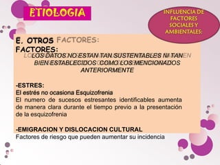 E. OTROS
FACTORES:
LOS DATOS NO ESTAN TAN SUSTENTABLES NI TAN
BIEN ESTABLECIDOS COMO LOS MENCIONADOS
ANTERIORMENTE
-ESTRES:
El estrés no ocasiona Esquizofrenia
El numero de sucesos estresantes identificables aumenta
de manera clara durante el tiempo previo a la presentación
de la esquizofrenia
-EMIGRACION Y DISLOCACION CULTURAL
Factores de riesgo que pueden aumentar su incidencia
 
