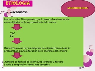 a. ANATOMICOS
Hasta los años 70 se pensaba que la esquizofrenia no incluía
anormalidades en la macroanatomia del cerebro
NEUROBIOLOGIA:
TAC
RM
Demostraron que hay un subgrupo de esquizofrenicos que si
presentaban alguna alteracion de la anatomia del cerebro
Aumento de tamaño de ventriculos laterales y tercero
Lobulo s temporal y frontal mas pequeños
 