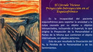 El Círculo Vicioso
Proyección-Introyección en el
Esquizofrénico
Es la incapacidad del paciente
esquizofrénico para soportar la ansiedad y la
culpa causada por su objeto u objetos
introyectados, incluyendo el Superyó, lo que
origina la Proyección de la Personalidad o
Partes de la Misma que contienen el objeto
internalizado, en objetos externos.
Esto da por resultado la Disociación del
Yo, la Pérdida de la Personalidad y de los
Sentimientos.
 