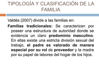 TIPOLOGÍA Y CLASIFICACIÓN DE LA
FAMILIA
Valdés (2007) divide a las familias en:
Familias tradicionales: Se caracterizan por
poseer una estructura de autoridad donde se
evidencia un claro predominio masculino.
En ellas existe una estricta división sexual del
trabajo, el padre es valorado de manera
especial por su rol de proveedor y la madre
por su papel de labores del hogar de los hijos.
 