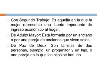  Con Segundo Trabajo: Es aquella en la que la
mujer representa una fuente importante de
ingreso económico al hogar.
 De Adulto Mayor: Está formada por un anciano
o por una pareja de ancianos que viven solos.
 De Pax de Deux: Son familias de dos
personas, ejemplo, un progenitor y un hijo, o
una pareja en la que los hijos se han ido
 