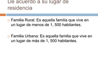 De acuerdo a su lugar de
residencia
 Familia Rural: Es aquella familia que vive en
un lugar de menos de 1, 500 habitantes.
 Familia Urbana: Es aquella familia que vive en
un lugar de más de 1, 500 habitantes.
 