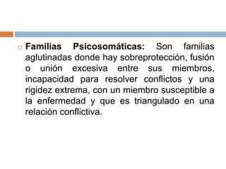  Familias Psicosomáticas: Son familias
aglutinadas donde hay sobreprotección, fusión
o unión excesiva entre sus miembros,
incapacidad para resolver conflictos y una
rigidez extrema, con un miembro susceptible a
la enfermedad y que es triangulado en una
relación conflictiva.
 