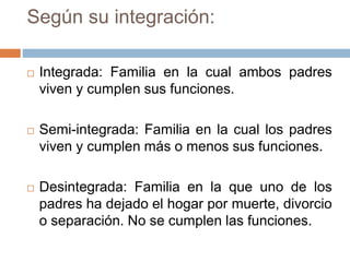 Según su integración:
 Integrada: Familia en la cual ambos padres
viven y cumplen sus funciones.
 Semi-integrada: Familia en la cual los padres
viven y cumplen más o menos sus funciones.
 Desintegrada: Familia en la que uno de los
padres ha dejado el hogar por muerte, divorcio
o separación. No se cumplen las funciones.
 