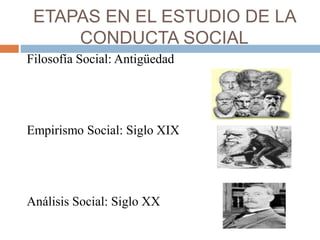 ETAPAS EN EL ESTUDIO DE LA
CONDUCTA SOCIAL
Filosofía Social: Antigüedad
Empirismo Social: Siglo XIX
Análisis Social: Siglo XX
 