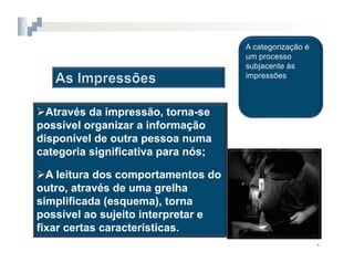 2.  COGNIÇÃO	
  SOCIAL




 Através da impressão, torna-se
possível organizar a informação
disponível de outra pessoa numa
categoria significativa para nós;

 A leitura dos comportamentos do
outro, através de uma grelha
simplificada (esquema), torna
possível ao sujeito interpretar e
fixar certas características.
                                    4	
  
 