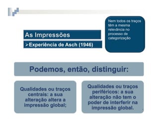 2.  COGNIÇÃO	
  SOCIAL



  Experiência de Asch (1946)




   Podemos, então, distinguir:

                             Qualidades ou traços
Qualidades ou traços
                               periféricos: a sua
   centrais: a sua
                              alteração não tem o
  alteração altera a
                             poder de interferir na
 impressão global;
                               impressão global.      4	
  
 