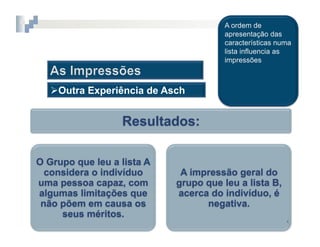 2.  COGNIÇÃO	
  SOCIAL



    Outra Experiência de Asch


                  Resultados:

O Grupo que leu a lista A
  considera o indivíduo         A impressão geral do
uma pessoa capaz, com          grupo que leu a lista B,
algumas limitações que         acerca do indivíduo, é
 não põem em causa os                negativa.
     seus méritos.
                                                          4	
  
 