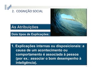 2.  COGNIÇÃO	
  SOCIAL




Dois tipos de Explicações:


1.  Explicações internas ou disposicionais: a
    causa de um acontecimento ou
    comportamento é associada à pessoa
    (por ex.: associar o bom desempenho à
    inteligência).
                                                4	
  
 