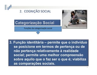 2.  COGNIÇÃO	
  SOCIAL



         Funções	
  da	
  categorização	
  social	
  




3.  Função identitária – permite que o indivíduo
    se posicione em termos de pertença ou de
    não pertença relativamente à realidade
    social; permite uma melhor compreensão
    sobre aquilo que o faz ser o que é; viabiliza
    as comparações sociais.
                                                        4	
  
 
