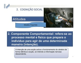 2.  COGNIÇÃO	
  SOCIAL




              Modelo	
  Tripar8do	
  




2.  Componente Comportamental: refere-se ao
    processo mental e físico que prepara o
    indivíduo para agir de uma determinada
    maneira (intenção).
     A intenção de uma acção activa o funcionamento do cérebro de
     forma idêntica à acção, só inibindo a informação nervosa
     descendente.
                                                                    4	
  
 