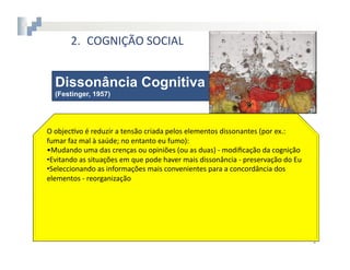 2.  COGNIÇÃO	
  SOCIAL


   Dissonância Cognitiva
   (Festinger, 1957)




O	
  objec8vo	
  é	
  reduzir	
  a	
  tensão	
  criada	
  pelos	
  elementos	
  dissonantes	
  (por	
  ex.:	
  
fumar	
  faz	
  mal	
  à	
  saúde;	
  no	
  entanto	
  eu	
  fumo):	
  
• Mudando	
  uma	
  das	
  crenças	
  ou	
  opiniões	
  (ou	
  as	
  duas)	
  -­‐	
  modiﬁcação	
  da	
  cognição	
  
• Evitando	
  as	
  situações	
  em	
  que	
  pode	
  haver	
  mais	
  dissonância	
  -­‐	
  preservação	
  do	
  Eu	
  
• Seleccionando	
  as	
  informações	
  mais	
  convenientes	
  para	
  a	
  concordância	
  dos	
  
elementos	
  -­‐	
  reorganização	
  




                                                                                                                           4	
  
 