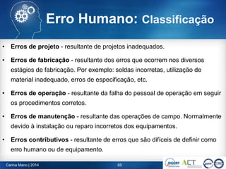 • Erros de projeto - resultante de projetos inadequados.
• Erros de fabricação - resultante dos erros que ocorrem nos diversos
estágios de fabricação. Por exemplo: soldas incorretas, utilização de
material inadequado, erros de especificação, etc.
• Erros de operação - resultante da falha do pessoal de operação em seguir
os procedimentos corretos.
• Erros de manutenção - resultante das operações de campo. Normalmente
devido à instalação ou reparo incorretos dos equipamentos.
• Erros contributivos - resultante de erros que são difíceis de definir como
erro humano ou de equipamento.
Erro Humano: Classificação
65Carina Mano | 2014
 
