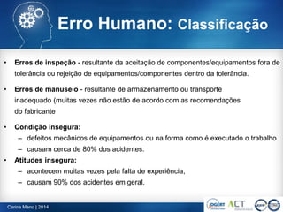 66
• Erros de inspeção - resultante da aceitação de componentes/equipamentos fora de
tolerância ou rejeição de equipamentos/componentes dentro da tolerância.
• Erros de manuseio - resultante de armazenamento ou transporte
inadequado (muitas vezes não estão de acordo com as recomendações
do fabricante
• Condição insegura:
– defeitos mecânicos de equipamentos ou na forma como é executado o trabalho
– causam cerca de 80% dos acidentes.
• Atitudes insegura:
– acontecem muitas vezes pela falta de experiência,
– causam 90% dos acidentes em geral.
Carina Mano | 2014
Erro Humano: Classificação
 