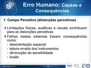 1. Campo Percetivo (distorções percetivas)
 Limitações físicas, auditivas e visuais contribuem
para as distorções percetivas
 Falhas nestes sistemas trazem consequências
como:
◦ desorientação espacial
◦ leitura errada dos instrumentos
◦ diminuição da sensibilidade
◦ ilusão
68Carina Mano | 2014
Erro Humano: Causas e
Consequências
 