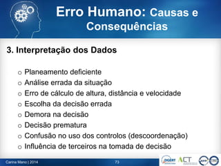 3. Interpretação dos Dados
o Planeamento deficiente
o Análise errada da situação
o Erro de cálculo de altura, distância e velocidade
o Escolha da decisão errada
o Demora na decisão
o Decisão prematura
o Confusão no uso dos controlos (descoordenação)
o Influência de terceiros na tomada de decisão
73Carina Mano | 2014
Erro Humano: Causas e
Consequências
 