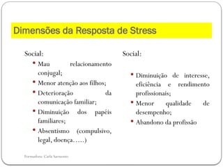 Formadora: Carla Sarmento
Social:
 Mau relacionamento
conjugal;
 Menor atenção aos filhos;
 Deterioração da
comunicação familiar;
 Diminuição dos papéis
familiares;
 Absentismo (compulsivo,
legal, doença…..)
Social:
 Diminuição de interesse,
eficiência e rendimento
profissionais;
 Menor qualidade de
desempenho;
 Abandono da profissão
Dimensões da Resposta de Stress
 