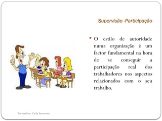 Formadora: Carla Sarmento
Supervisão -Participação
 O estilo de autoridade
numa organização é um
factor fundamental na hora
de se conseguir a
participação real dos
trabalhadores nos aspectos
relacionados com o seu
trabalho.
 