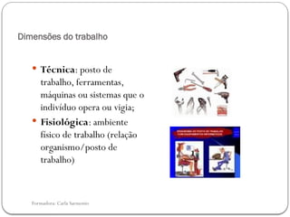 Formadora: Carla Sarmento
Dimensões do trabalho
 Técnica: posto de
trabalho, ferramentas,
máquinas ou sistemas que o
indivíduo opera ou vigia;
 Fisiológica: ambiente
físico de trabalho (relação
organismo/posto de
trabalho)
 