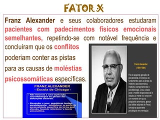 FATOR X
Franz Alexander e seus colaboradores estudaram
pacientes com padecimentos físicos emocionais
semelhantes, repetindo-se com notável frequência e
concluíram que os conflitos
poderiam conter as pistas
para as causas de moléstias
psicossomáticas específicas.
 