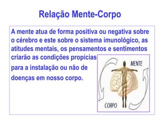 Relação Mente-Corpo
A mente atua de forma positiva ou negativa sobre
o cérebro e este sobre o sistema imunológico, as
atitudes mentais, os pensamentos e sentimentos
criarão as condições propícias
para a instalação ou não de
doenças em nosso corpo.
 