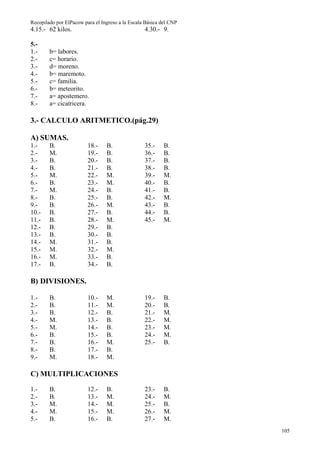 Recopilado por ElPacow para el Ingreso a la Escala Básica del CNP
4.15.- 62 kilos.                                  4.30.- 9.

5.-
1.-     b= labores.
2.-     c= horario.
3.-     d= moreno.
4.-     b= maremoto.
5.-     c= familia.
6.-     b= meteorito.
7.-     a= apostemero.
8.-     a= cicatricera.

3.- CALCULO ARITMETICO.(pág.29)

A) SUMAS.
1.-     B.               18.-    B.               35.-     B.
2.-     M.               19.-    B.               36.-     B.
3.-     B.               20.-    B.               37.-     B.
4.-     B.               21.-    B.               38.-     B.
5.-     M.               22.-    M.               39.-     M.
6.-     B.               23.-    M.               40.-     B.
7.-     M.               24.-    B.               41.-     B.
8.-     B.               25.-    B.               42.-     M.
9.-     B.               26.-    M.               43.-     B.
10.-    B.               27.-    B.               44.-     B.
11.-    B.               28.-    M.               45.-     M.
12.-    B.               29.-    B.
13.-    B.               30.-    B.
14.-    M.               31.-    B.
15.-    M.               32.-    M.
16.-    M.               33.-    B.
17.-    B.               34.-    B.

B) DIVISIONES.

1.-     B.               10.-    M.               19.-     B.
2.-     B.               11.-    M.               20.-     B.
3.-     B.               12.-    B.               21.-     M.
4.-     M.               13.-    B.               22.-     M.
5.-     M.               14.-    B.               23.-     M.
6.-     B.               15.-    B.               24.-     M.
7.-     B.               16.-    M.               25.-     B.
8.-     B.               17.-    B.
9.-     M.               18.-    M.

C) MULTIPLICACIONES
1.-     B.               12.-    B.               23.-     B.
2.-     B.               13.-    M.               24.-     M.
3.-     M.               14.-    M.               25.-     B.
4.-     M.               15.-    M.               26.-     M.
5.-     B.               16.-    B.               27.-     M.
                                                                    105
 