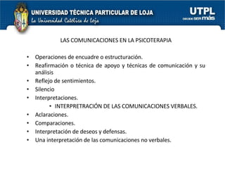 LAS COMUNICACIONES EN LA PSICOTERAPIA Operaciones de encuadre o estructuración. Reafirmación o técnica de apoyo y técnicas de comunicación y su análisis Reflejo de sentimientos. Silencio Interpretaciones. INTERPRETRACIÓN DE LAS COMUNICACIONES VERBALES. Aclaraciones. Comparaciones. Interpretación de deseos y defensas. Una interpretación de las comunicaciones no verbales. 