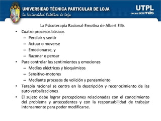 La Psicoterapia Racional-Emotiva de Albert Ellis Cuatro procesos básicos Percibir y sentir Actuar o moverse Emocionarse, y Razonar o pensar Para controlar los sentimientos y emociones  Medios eléctricos y bioquímicos Sensitivo-motores Mediante procesos de volición y pensamiento Terapia racional se centra en la descripción y reconocimiento de las auto verbalizaciones  El sujeto debe lograr percepciones relacionadas con el conocimiento del problema y antecedentes y con la responsabilidad de trabajar intensamente para poder modificarse. 