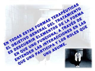 EN
TODAS ESTAS FORMAS TERAPÉUTICAS
EL OBJETIVO
GENERAL DEL TRATAMIENTO
ES DESCUBRIR
ELEMENTOS DE LA FORMA
EN
QUE UNO
FUNCIONA, A TRAVÉS DE
ENTENDER
LAS INTERACCIONES EN
LAS
QUE UNO
PARTICIPA Y LOS ROLES QUE
UNO
ASUME.
 