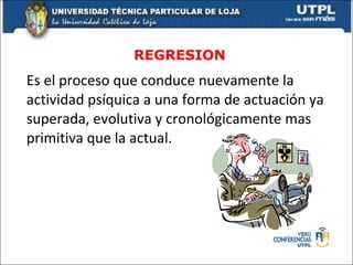 REGRESION Es el proceso que conduce nuevamente la actividad psíquica a una forma de actuación ya superada, evolutiva y cronológicamente mas primitiva que la actual. 