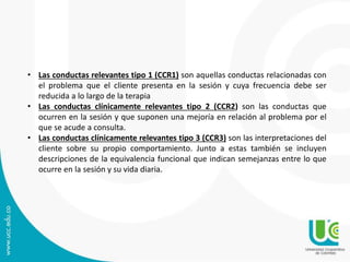 • Las conductas relevantes tipo 1 (CCR1) son aquellas conductas relacionadas con 
el problema que el cliente presenta en la sesión y cuya frecuencia debe ser 
reducida a lo largo de la terapia 
• Las conductas clínicamente relevantes tipo 2 (CCR2) son las conductas que 
ocurren en la sesión y que suponen una mejoría en relación al problema por el 
que se acude a consulta. 
• Las conductas clínicamente relevantes tipo 3 (CCR3) son las interpretaciones del 
cliente sobre su propio comportamiento. Junto a estas también se incluyen 
descripciones de la equivalencia funcional que indican semejanzas entre lo que 
ocurre en la sesión y su vida diaria. 
 