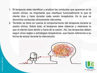 1. El terapeuta debe identificar y analizar las conductas que aparecen en la 
sesión clínica, es importante que clasifique funcionalmente lo que el 
cliente dice y hace durante cada sesión terapéutica. Es lo que se 
denomina conductas clínicamente relevantes. 
2. También se tiene en cuenta el comportamiento del terapeuta durante la 
sesión clínica. Sobre todo, el terapeuta debe observar y relacionar lo 
que el cliente hace dentro y fuera de la sesión. Así, los terapeutas deben 
seguir cinco reglas o estrategias terapéuticas, que hacen referencia a su 
forma de actuar durante la intervención. 
 