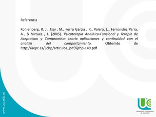 Referencia
Kohlenberg, R. J., Tsai , M., Ferro García , R., Valero, L., Fernandez Parra,
A., & Virtues , J. (2005). Psicoterapia Analítico-Funcional y Terapia de
Aceptacion y Compromiso: teoria aplicaciones y continuidad con el
analisis del comportamiento. Obtenido de
http://aepc.es/ijchp/articulos_pdf/ijchp-149.pdf
 