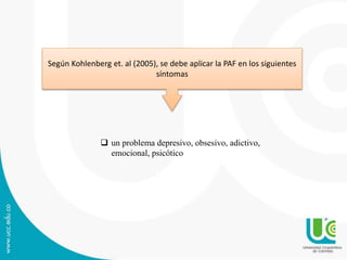 Según Kohlenberg et. al (2005), se debe aplicar la PAF en los siguientes
síntomas
 un problema depresivo, obsesivo, adictivo,
emocional, psicótico
 