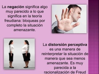 La negación significa algo
muy parecido a lo que
significa en la teoría
freudiana: bloqueas por
completo la situación
amenazante.
La distorsión perceptiva
es una manera de
reinterpretar la situación de
manera que sea menos
amenazante. Es muy
parecida a la
racionalización de Freud
 