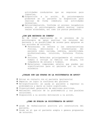actividades conducentes que se requieran para
lograrlas.
f) Disposición a la acción. EL psicoterapeuta
promoverá en el paciente la disposición para
realizar de forma inmediata las actividades
necesarias.
g) Retroalimentación. Conforme el proceso terapéutico
avance, el psicoterapeuta deberá mostrar logros
reales alcanzados, así como los puntos pendientes.
¿CON QUE RECURSOS SE CUENTA?
Es de vital importancia en el procesos de la
psicoterapia de apoyo analizar los recursos del
paciente y su posibilidad de acceso para apoyarse en
sus acciones de solución.
 Personales: se refiere a las características
físicas, emocionales e intelectuales del
paciente como: carisma, nobleza, sensibilidad,
profesionalismo, intuición, fortaleza física,
etc.
 Sociales. Referidos principalmente al contacto
humano e incluye la familia los amigos, los
compañeros de escuela o trabajo.
 Materiales: comprenden objetos que pueden ser
significativos para el paciente por su valor
económico
¿CUALES SON LAS ETAPAS DE LA PSICOTERAPIA DE APOYO?
 Entrar en contacto con el paciente (portavocia)
 Empatia: se logra la confianza del paciente
 Re-significación: se ayuda al paciente a expresar su
problemática y darle un nuevo significado.
 Vivencialidad: generación de emociones positivas.
 Reflexión: análisis de la problemática y sus posibles
soluciones.
 Disposición a la acción: motivación a la acción.
¿COMO SE EVALUA LA PSICOTERAPIA DE APOYO?
 grado de verbalizacion positiva y/o constructiva del
paciente.
 Grado en el que el paciente acepta o genera propuestas
de solución.
 