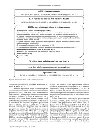 5
Psic.:Teor. e Pesq., Brasília, 2019, v. 35, e35419
Religiosidade/Espiritualidade na Prática Clínica
Satisfaction Questionnare (CSQ) (Hook, Worthington Jr.,
Davis, & Atkins, 2013).
Os principais objetivos dos artigos foram investigações
ou ilustração de aplicação de uma abordagem ou teoria na
prática (Abu-Raiya, 2015; Rich, 2012), experimentação
de ferramentas e estratégias que vêm sendo desenvolvidas
em relação à temática (Daniels & Fitzpatrick, 2013;
Leighton, 2014; Walker, Reese, Hughes, & Troskie, 2010)
e identificação de características, barreiras, conhecimentos
e influências dos terapeutas na prática profissional
(Brown, Elkonin, & Naicker, 2013). Nas abordagens
teóricas adotadas pelas propostas, uma variedade de
perspectivas e técnicas foi encontrada, como a terapia
cognitivo-comportamental (Dein, 2013), a terapia de
aceitação e compromisso (Karekla & Constantinou, 2010),
a humanista (Keeling, Dolbin-MacNab, Ford, & Perkins,
2010), a psicodinâmica (Daniels & Fitzpatrick, 2013),
a cognitiva (Zoysa, 2011), a psicanálise winnicottiana
(Genaro Junior, 2011), a psicanálise contemporânea (Aten,
Mangis, & Campbell, 2010), a psicoterapia corporal
(Gottwald, 2014), a etnopsiquiatria (Zajde, 2011), a terapia
do bem-estar (Sperry, 2010), a transpessoal (Rich, 2012), a
hipnose (Neubern, 2010a), bem como novas e específicas
abordagens adaptadas e criadas para determinado contexto
religioso/cultural, como em latinos ou muçulmanos (Abu-
Raiya, 2015).
Foram identificadas intervenções psicoterápicas
individuais (Neubern, 2010b), familiares (Khodayarifard,
& Fatemi, 2013), grupais (Wade, Post, Cornish, Vogel, &
Runyon-Weaver, 2014) e de casal (Hook et al., 2013), em
contextos de consultório privado (Gottwald, 2014), em
clínicas psicológicas filiadas a universidades (Zajde, 2011)
e hospitais psiquiátricos (Stalsett, Engedal, &Austad, 2010).
Os pacientes/clientes podiam ser divididos desde entres os
que sofriam de doenças crônicas, como câncer (Karekla
& Constantinou, 2010) e transtornos mentais diversos
(esquizofrenia, transtorno de ansiedade generalizada,
depressão) (Barrera, Zeno, Bush, Barber, & Stanley,
Figura 1. Fluxograma de busca, seleção e composição do corpus.
 