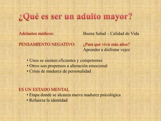  Adultez mayor	(60 años aprox.)Vejez – Ancianidad  - Senectud – Tercera Edad
