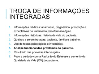 TROCA DE INFORMAÇÕES
INTEGRADAS
1. Informações médicas: anamnese, diagnóstico, prescrição e
expectativas do tratamento psi...