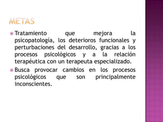 MetasTratamiento que mejora la psicopatología, los deterioros funcionales y perturbaciones del desarrollo, gracias a los procesos psicológicos y a la relación terapéutica con un terapeuta especializado.Busca provocar cambios en los procesos psicológicos que son principalmente inconscientes.