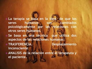 La terapia se basa en la idea  de que los seres humanos son cambiados psicológicamente por las relaciones con otros seres humanos.Se basa en una técnica  que utiliza dos aspectos de las relaciones humanas:TRASFERENCIA. Desplazamiento inconscienteANALISIS de la relación entre el terapeuta y el paciente.