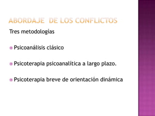 Abordaje  de los conflictosTres metodologíasPsicoanálisis clásicoPsicoterapia psicoanalítica a largo plazo.Psicoterapia breve de orientación dinámica
